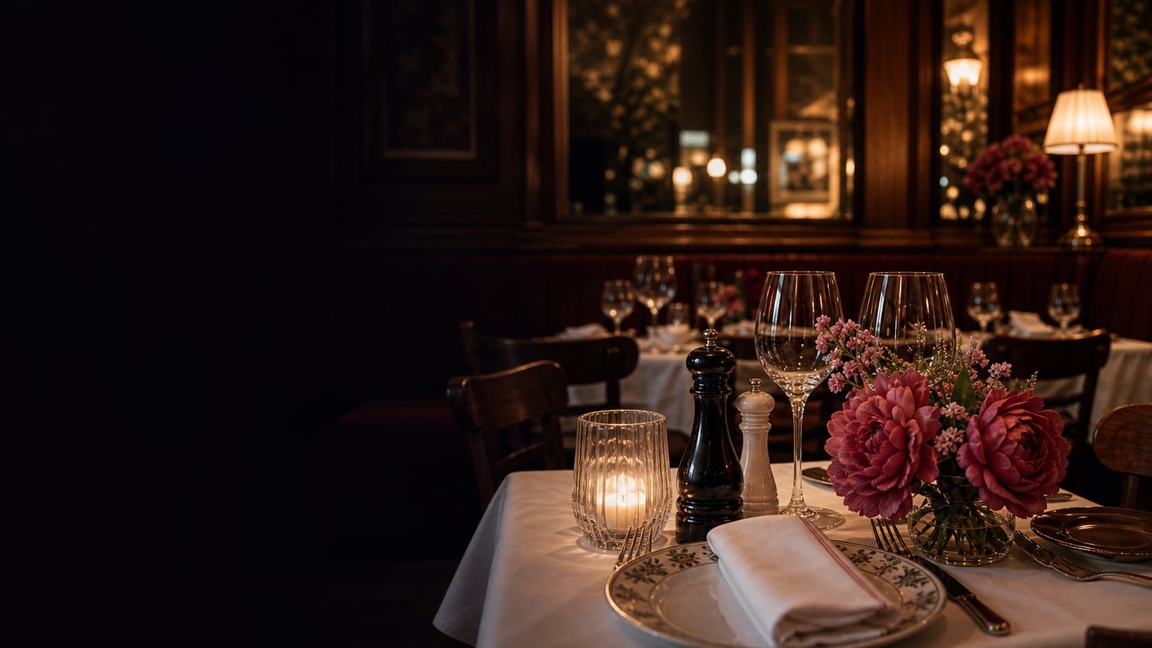 Salle de bistrot parisien avec table dressée, verres, bougie et fleurs roses