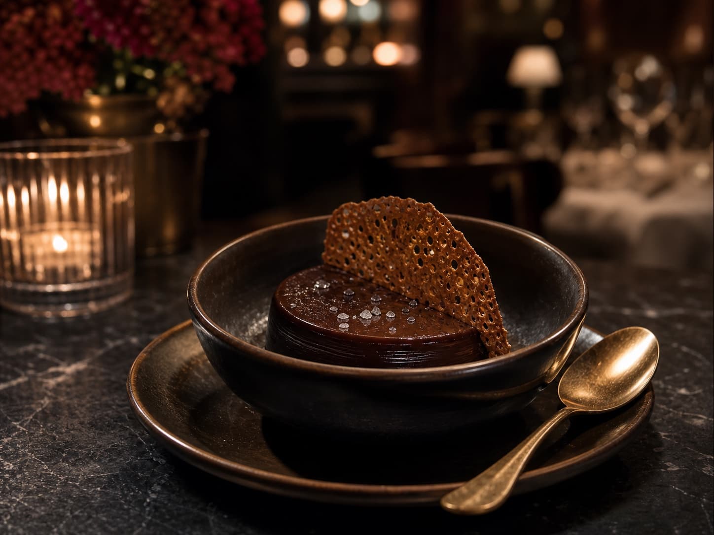 Mousse chocolat grand cru dans un bol sombre avec tuile croustillante