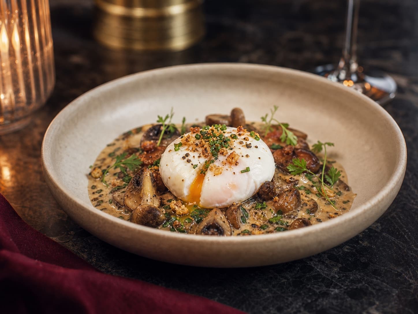 Œuf parfait servi dans une assiette creuse avec crème de champignons et herbes